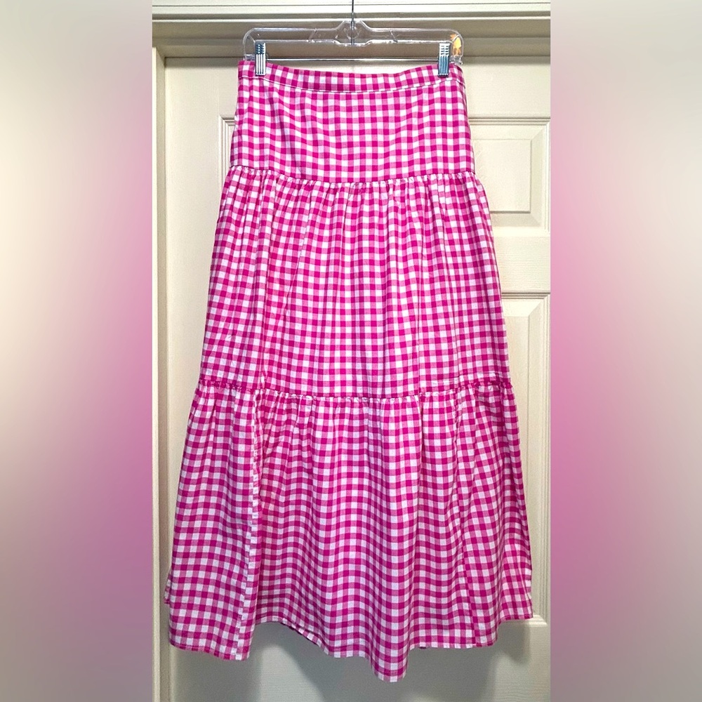 J. Crew Pink and White Gingham A-Line Midi Skirt